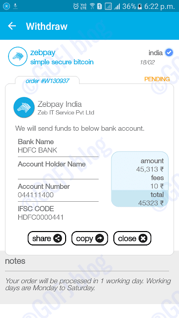 Zebpay INR withdrawal request