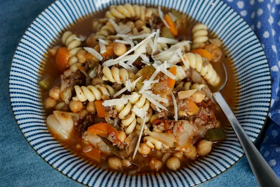 Hearty Minestrone Soup With Beans, Pasta, Beef and Loaded with Veggies