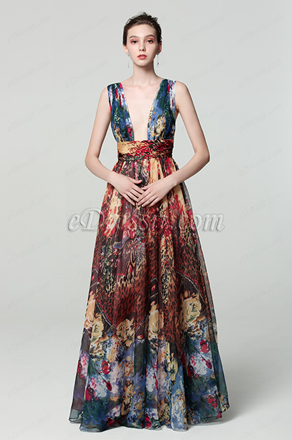 strap plunging print ball gown