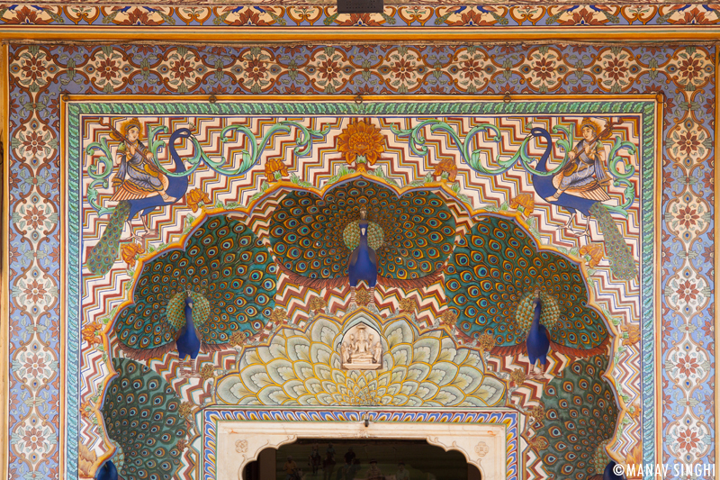 Peacock Gate (with motifs of peacocks on the doorway) representing autumn at The City Palace, Jaipur.