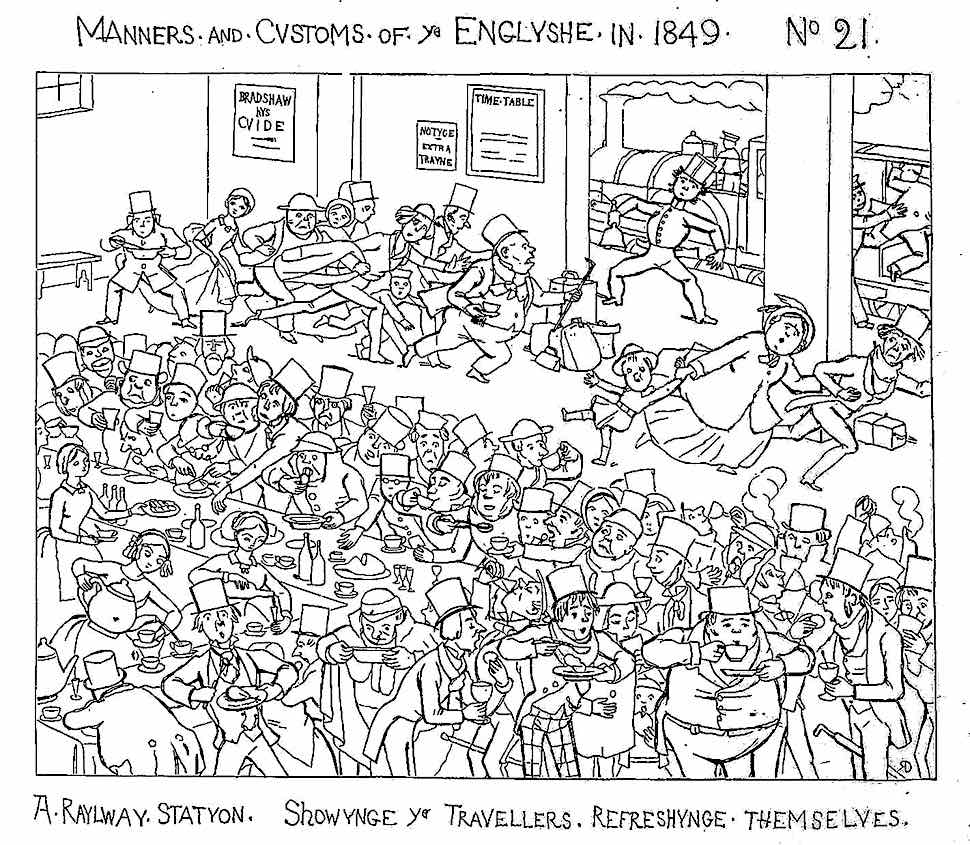 1849 England train station 1849 England, a busy train station cartoon showing a hurried stressful lunch stop