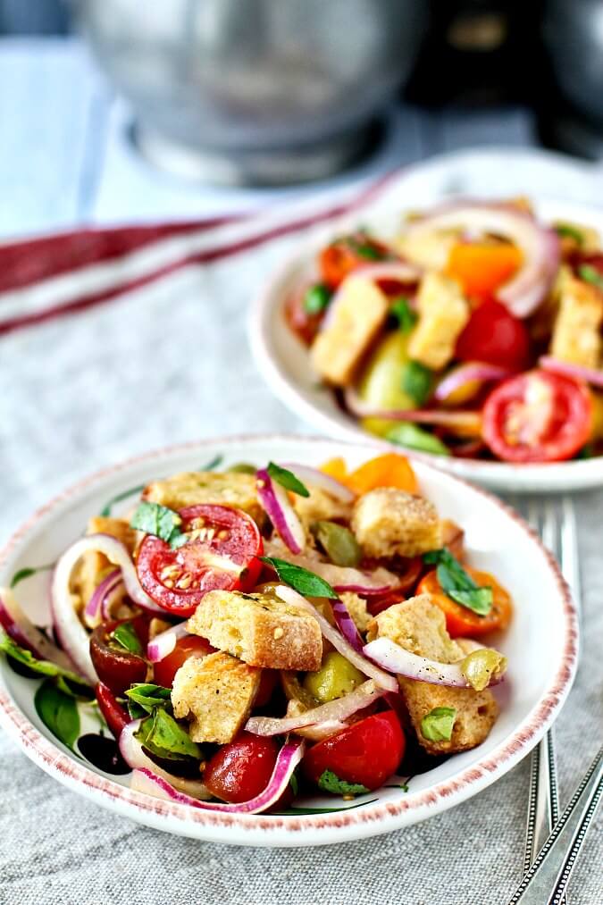 Panzanella Salad with Red Onions, and Fresh Basil