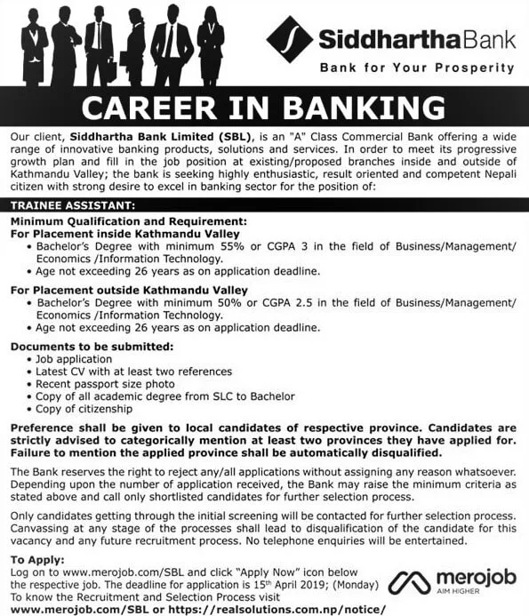 Siddhartha Bank Limited Vacancy Notice for Trainee Assistant.