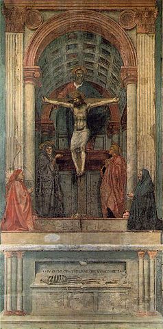 «Masaccio trinity» de Masaccio - Web Gallery of Art:   Image  Info about artwork. Disponible bajo la licencia Dominio público vía Wikimedia Commons - http://commons.wikimedia.org/wiki/File:Masaccio_trinity.jpg#/media/File:Masaccio_trinity.jpg
