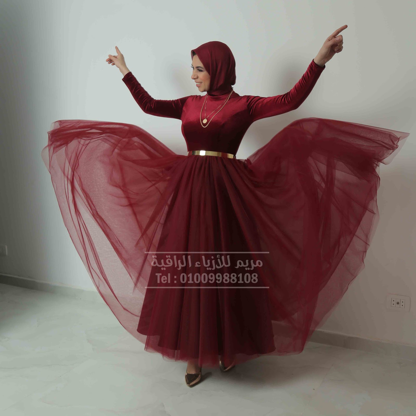 فستان سواريه وسهره للمحجبات باللون النبيتى من اتيليه مريم للأزياء الراقية Hijab Soiree Dresses - muslim Dresses
