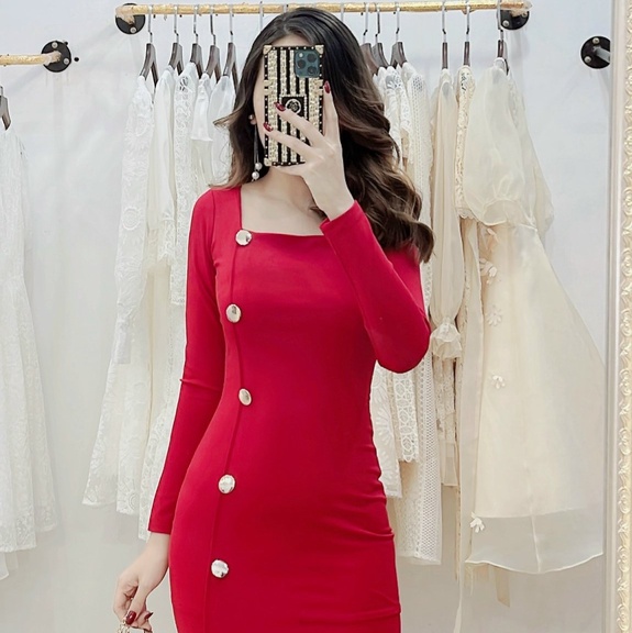 VÁY BODY ĐỎ CỔ VUÔNG ĐUÔI CÁ VOAN MẶC ĐI LÀM, ĐI CHƠI, LỄ HỘI V071