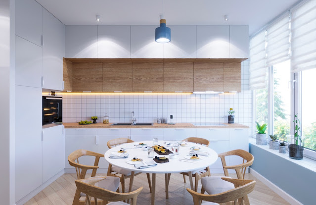 l shaped kitchen with peninsula table