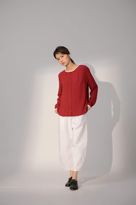 雪色領邊無花果紅長袖襯衫