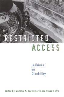 The top half of the book is a photograph of a person in a wheelchair bumping up against a flight of stone steps. It says "Restricted" in white capital letters. Below that is a white background with "Access" in dark capital letters. Further below, in much smaller print is "Lesbians on Disability" and at the bottom, "Edited by Victoria A. Brownworth and Susan Raffo."