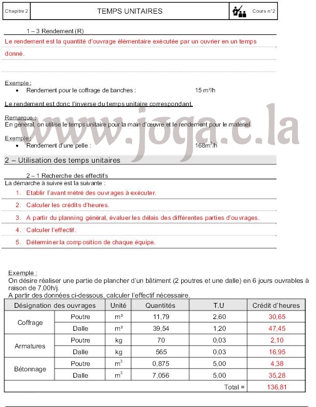 Cours sur le temps unitaire avec une liste des temps unitaires standards bâtiment, ainsi d'un exercice de calcul du crédit horaire et le nombre d'ouvriers nécessaire pour un ouvrage btp.