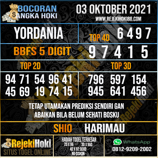 Prediksi Rejeki Hoki - Bocoran Togel | Hk | Sydney | Rumus Jitu | Bocoran  Angka Hoki: Bocoran Angka Hoki Yordania Tgl 03 Oktober 2021