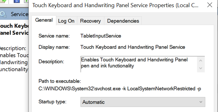Servicio de teclado táctil Windows 10
