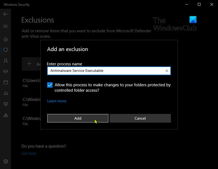 เพิ่ม Antimalware Service Executable ให้กับรายการยกเว้นของ Windows Defender