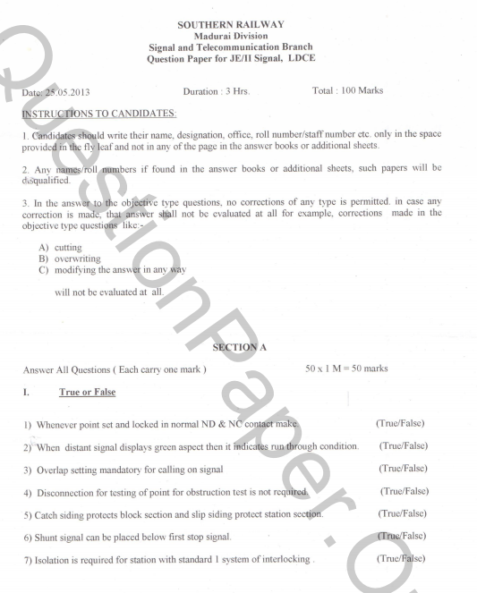 INDIAN RAILWAY QUESTION BANK Question Paper Signal And