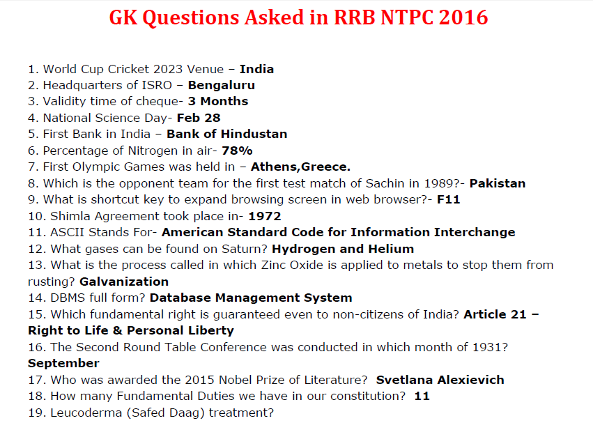 rrb general awareness questions