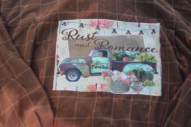 distressed flannel shirt with rustic vintage truck with buckets of flowers