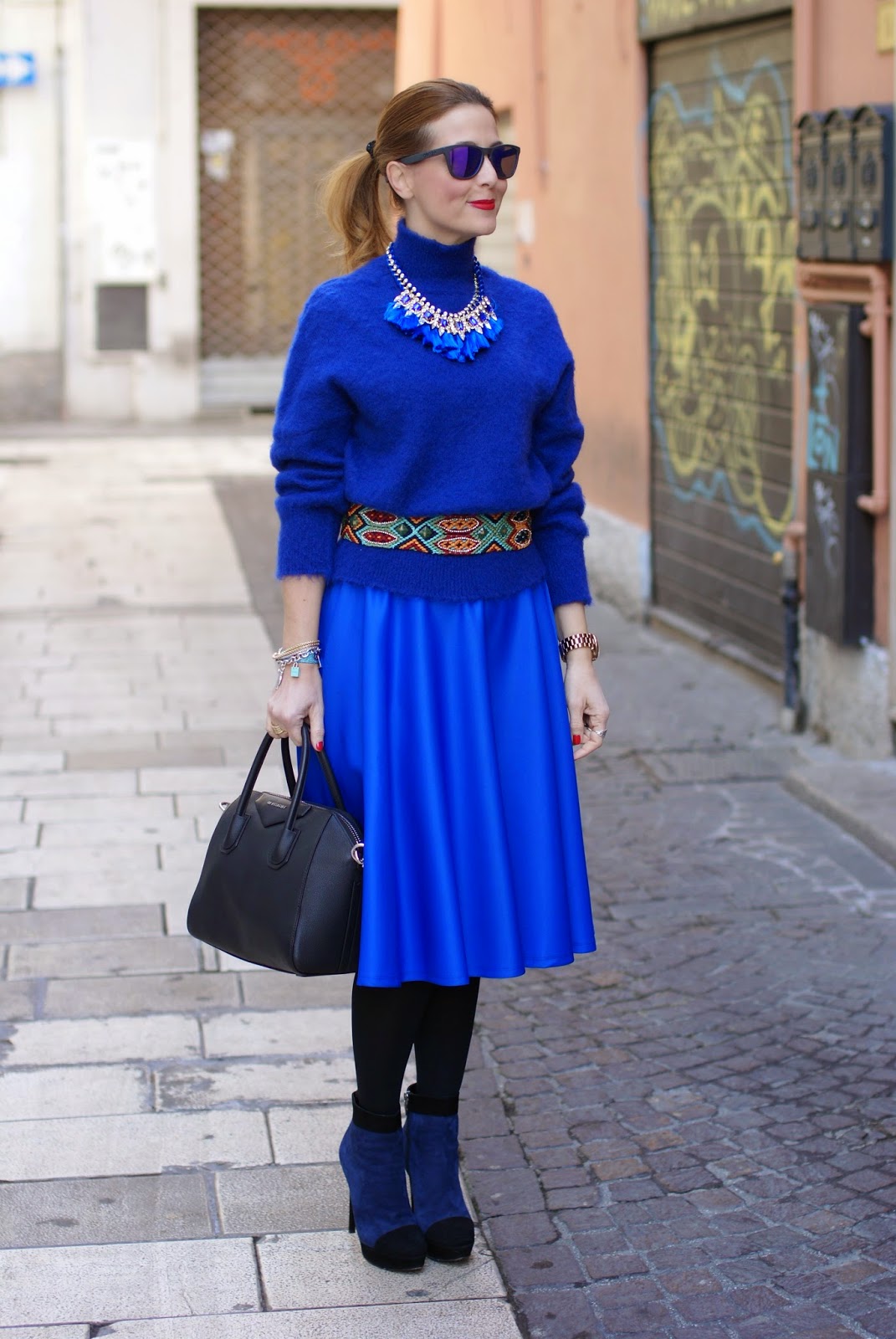 Royal blue midi circle skirt and turtleneck hairy sweater | Fashion and ...