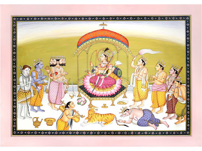 Devi Worshipped By Brahma - Vishnu and Shiva Watercolor Painting