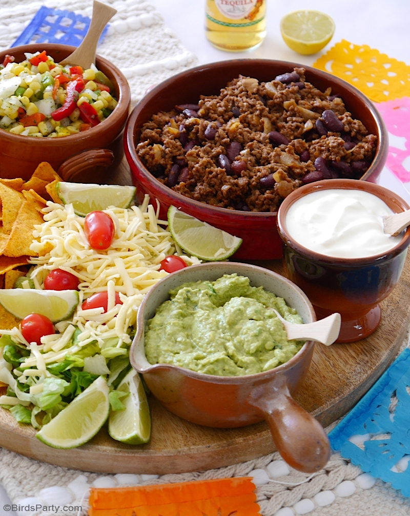 Ground Beef Taco Recipe and Taco Board - quick, easy and delicious to serve on Cinco de Mayo or any other celebration at home! by BirdsParty.com @birdsparty #recipe #tacos #groundbeef #beeftacos #cincodemayo #mexicanrecipe #tacoboard