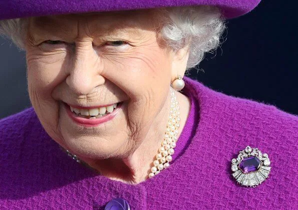 Royal Purple Amethysts diamond brooch. Queen Victoria's engagement ring worn by Duchess of Cambridge. Pearl errings and necklece