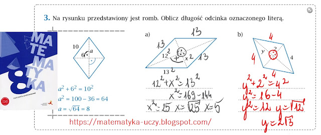ćw. 1, 2 i 3 str. 36"Matematyka z plusem 8" - zastosowanie Twierdzenie Pitagorasa (zeszyt ćwiczeń podstawowych)