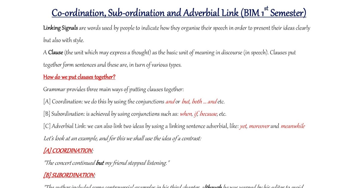 Coordination, Subordination and Adverbial Link