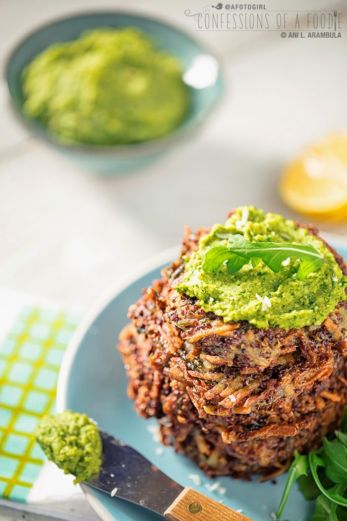 Quinoa Potato Leek Patties with Fava Bean Arugula Pesto + Tangerine Vanilla Cooler