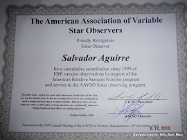 Reconocimiento de AAVSO por 1000 Observaciones Solares. Noviembre 2015.