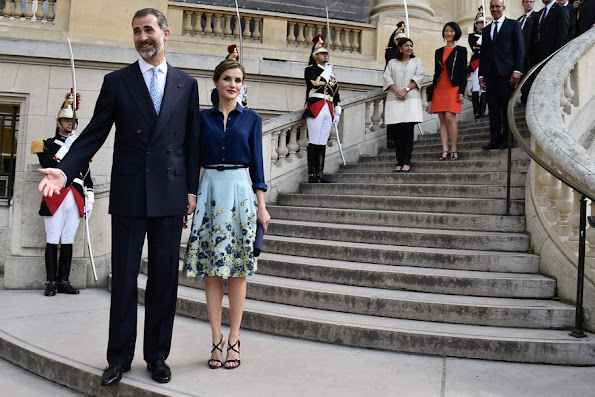 King Felipe of Spain and Queen Letizia of Spain attend the Velasquez painting exhibition at the Grand Palais 