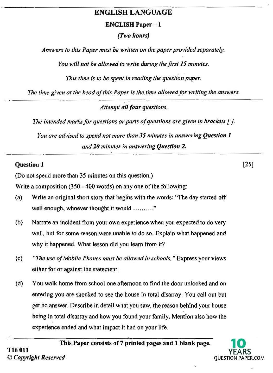 Icse class 10th English question paper 2016 Icse class 10th English Language question paper 2016