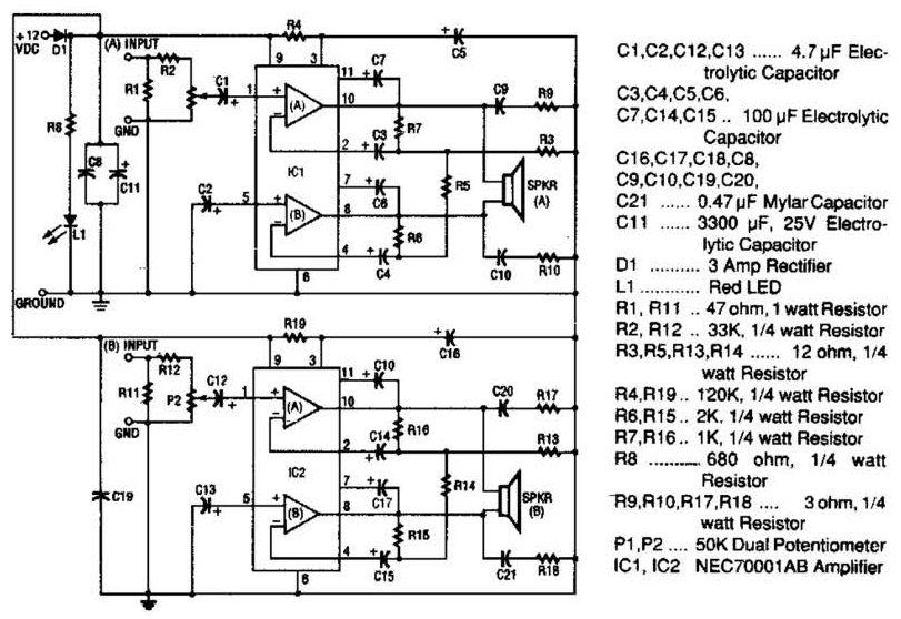 20W Stereo Amplifier Circuit Diagram | Electronic Circuit Diagrams