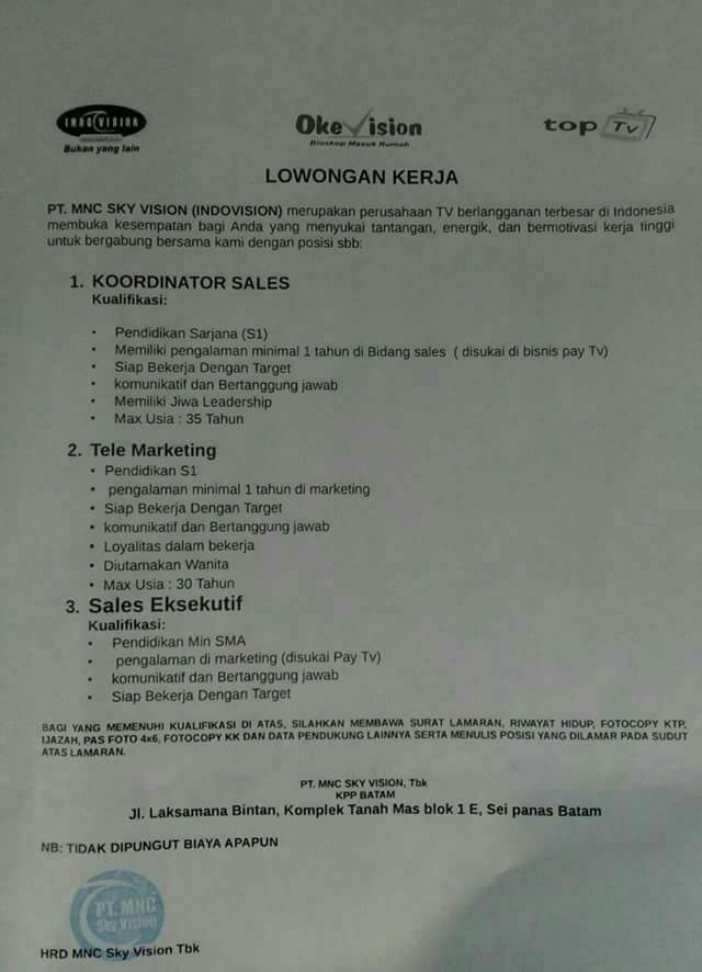 Lowongan Kerja PT. MNC Sky Vision Tbk Lowongan Kerja