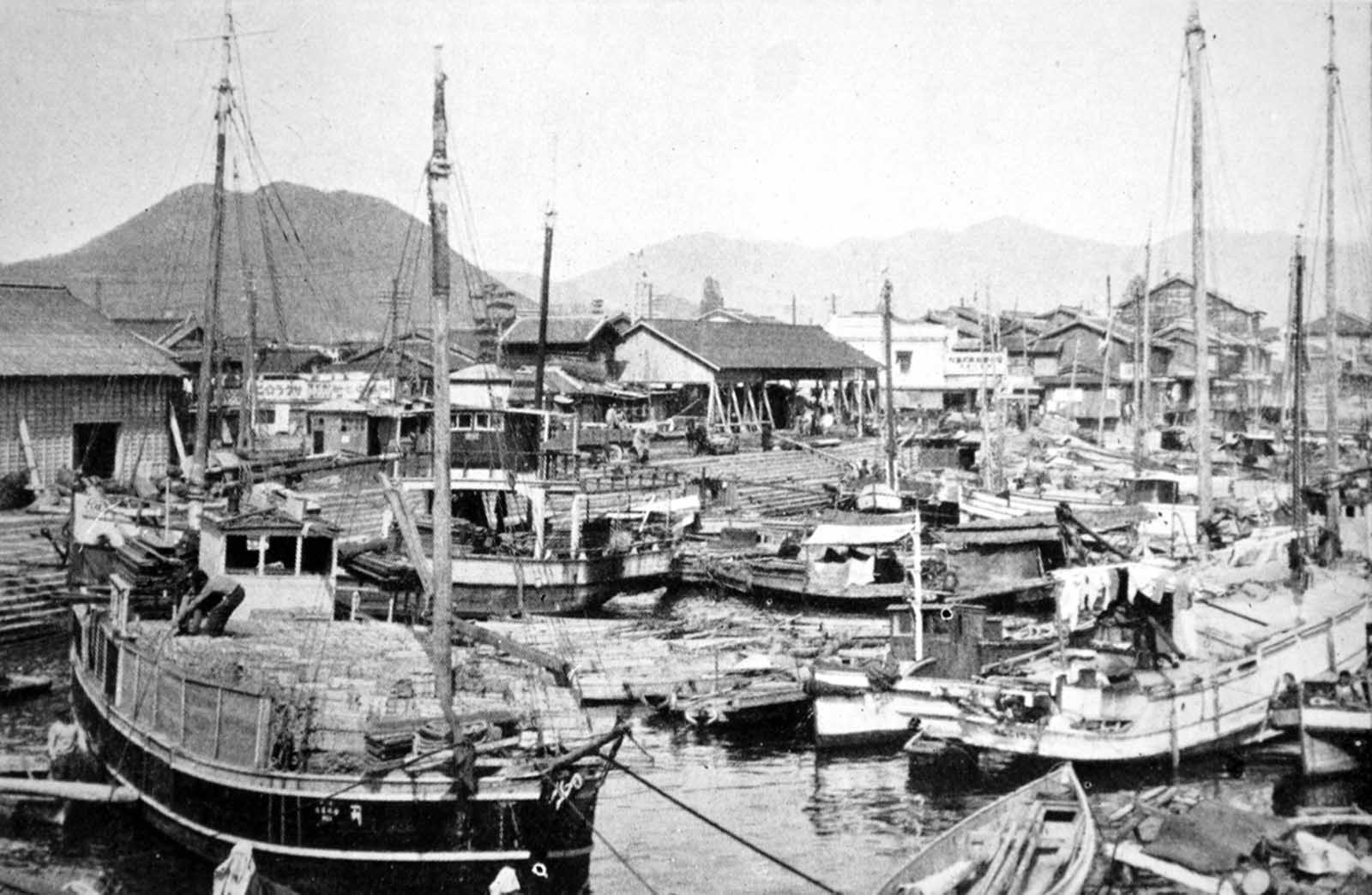A pre-war photo of Ujina Harbor. This relatively small harbor was developed as the port for Hiroshima and was one of the principal embarkation depots for the Japanese Army during World War II.
