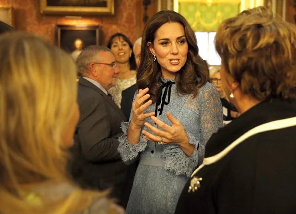 Pregnant Kate Middleton wore Temperley London Eclipse lace collar dress and KIKI McDonough Blue Diamond Drop Earrings