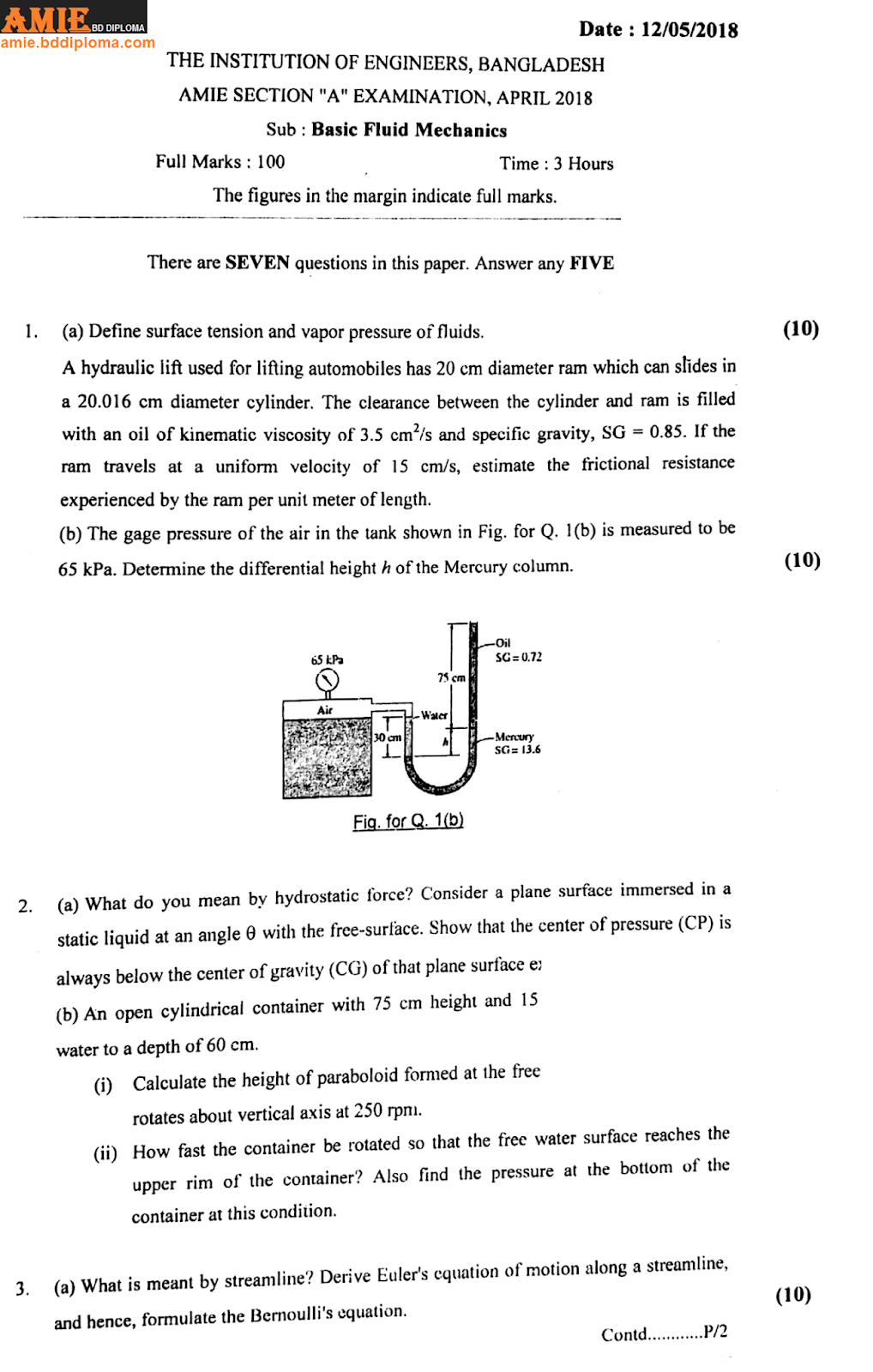 Basic Fluid Mechanics (Question), April, 2018 AMIE