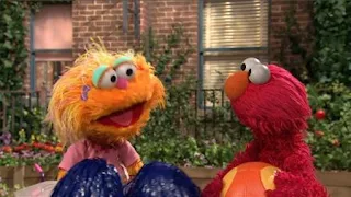 Elmo is trying to bounce the ball three times when Zoe is waving pompoms. Sesame Street Episode 4420, Three Cheers for Us, Season 44