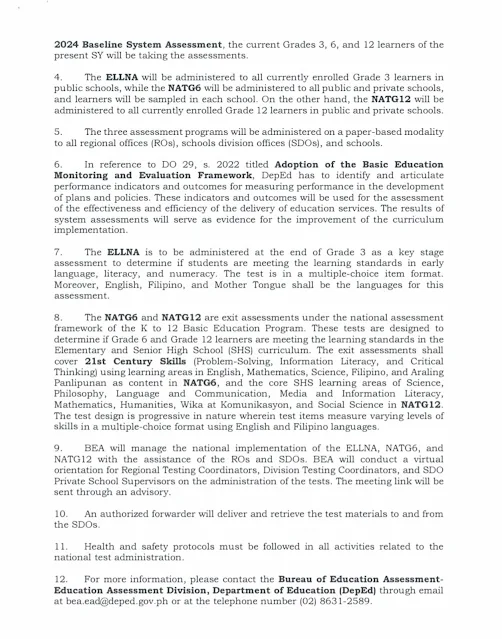 Administration and Schedule of NATG12, NAT6, ELLNA SY 20232024 DEPED