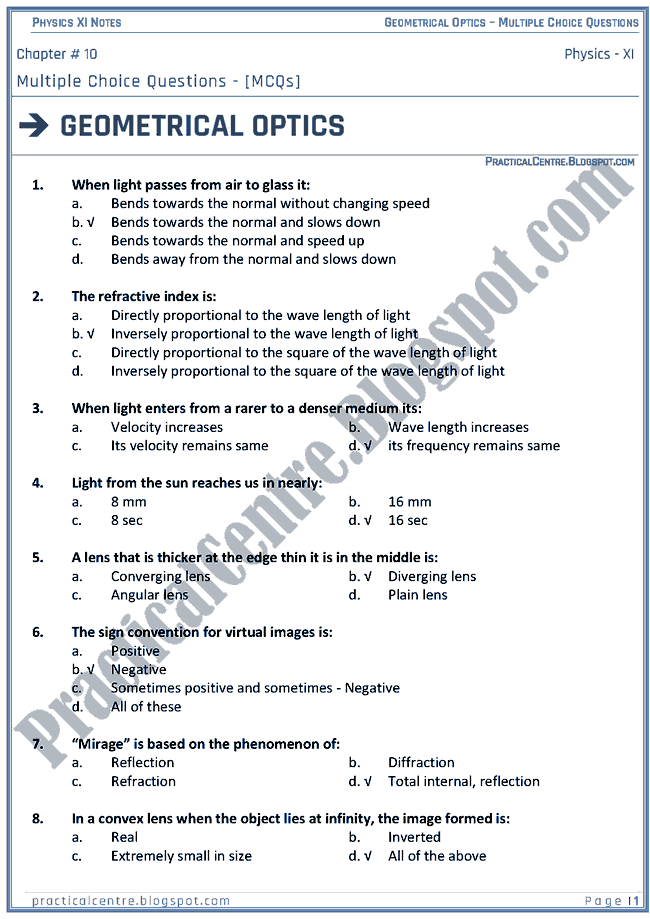 Geometrical Optics MCQs Physics XI Practical Centre