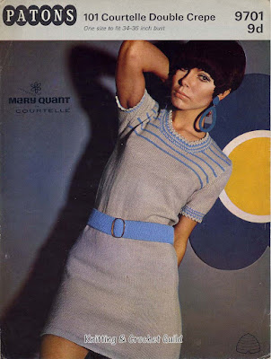 Patons 9701 knitting pattern 1960s vintage knitting pattern; Mary Quant design; Short-sleeved jumper & skirt, grey with blue stripes.