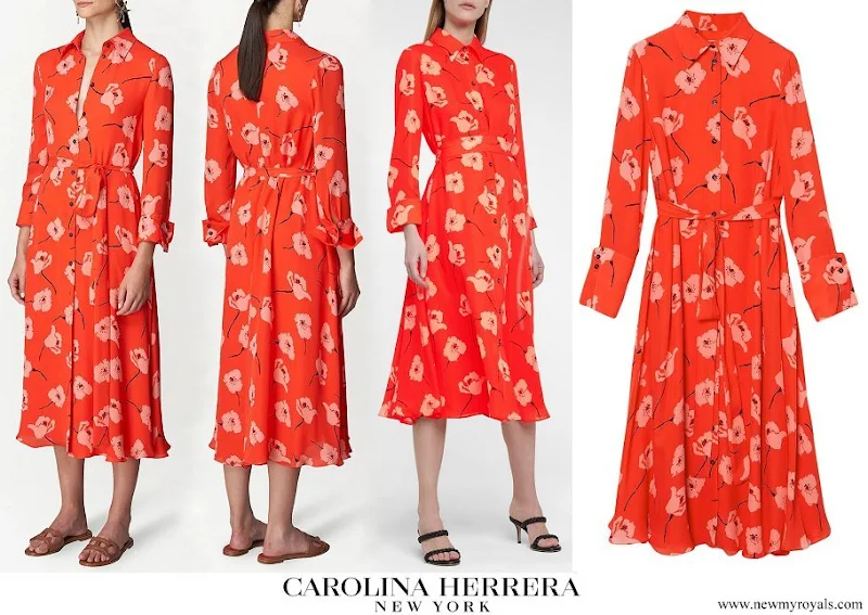 Meghan Markle wore CAROLINA HERRERA floral silk midi shirt dress