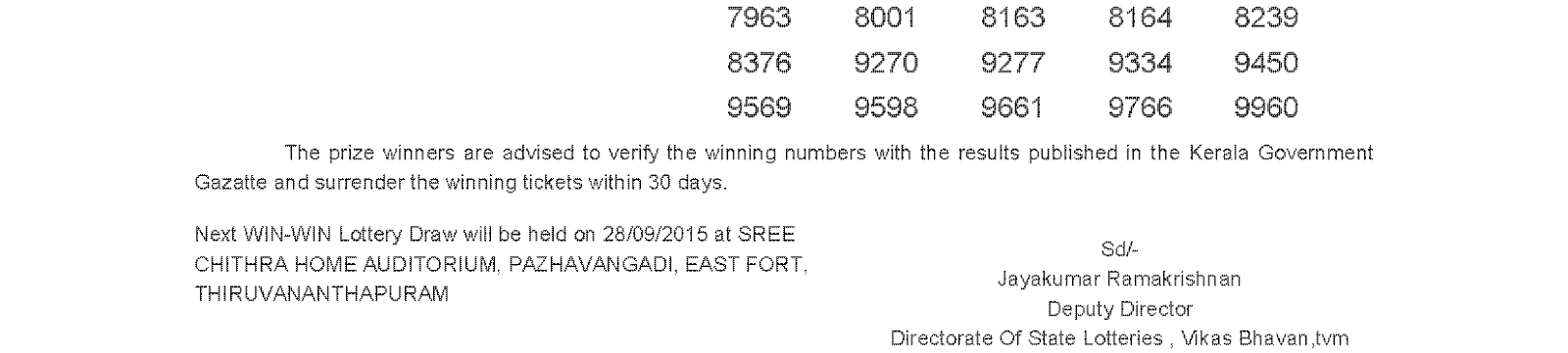 WIN WIN Lottery W 326 Result 21-9-2015
