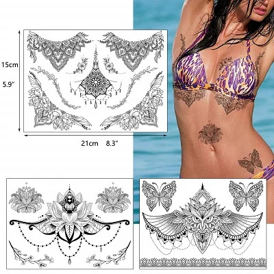 Black Mandara Underboob Tattoo for Women, Flower Leaf Butterfly Dreamcatcher Designs Temporary Tattoo Body Art