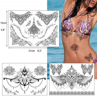 Black Mandara Underbo*ob Tattoo for Women, Flower Leaf Butterfly Dreamcatcher Designs Temporary Tattoo Body Art