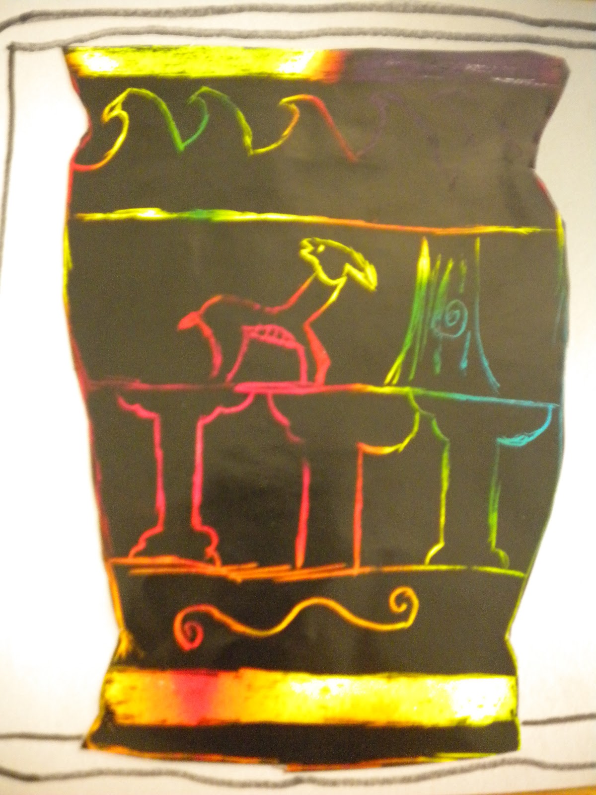 Waitsfield Elementary Art Greek Vases on Scratch Board