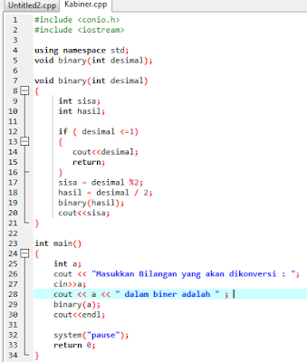 Kode program konversi bilangan desimal ke bilangan biner dengan DEV C++