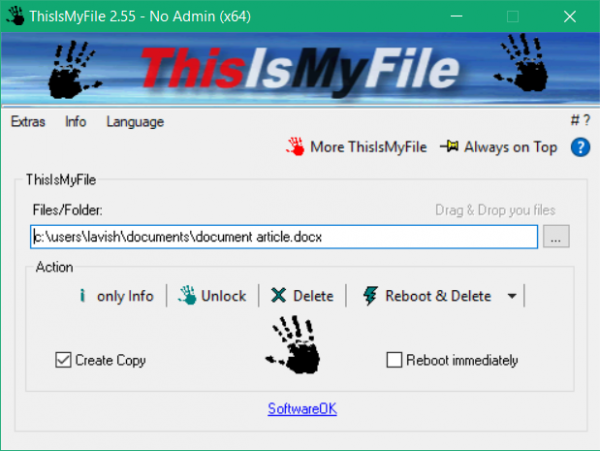 เลิกบล็อกหรือลบไฟล์ที่ล็อคหรือป้องกันใน Windows โดยใช้ ThisIsMyFile