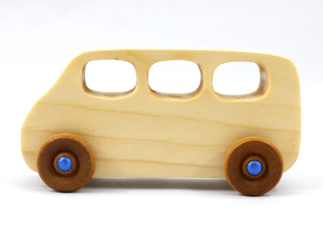 Handmade Wooden Toy Minivan from the Play Pal Series Finished With Nontoxic Clear Shellac and Metallic Blue Acrylic
