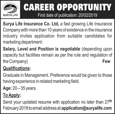 Surya Life Insurance Co. Ltd. Vacancy Notice