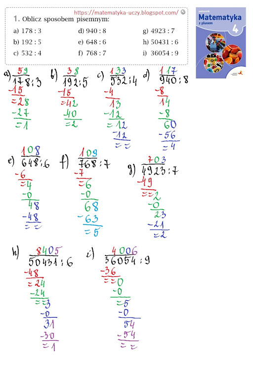 Zad. 1 i 2 str. 106 "Matematyka z plusem 4" Dzielenie pisemne przez liczby jednocyfrowe