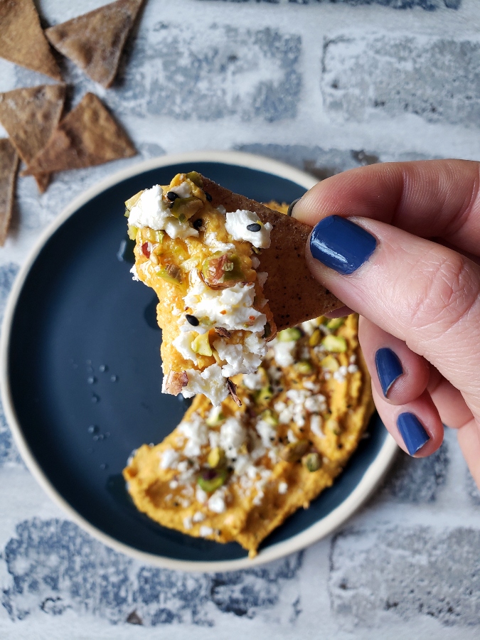 Roasted Carrot Hummus With Feta & Pistachios